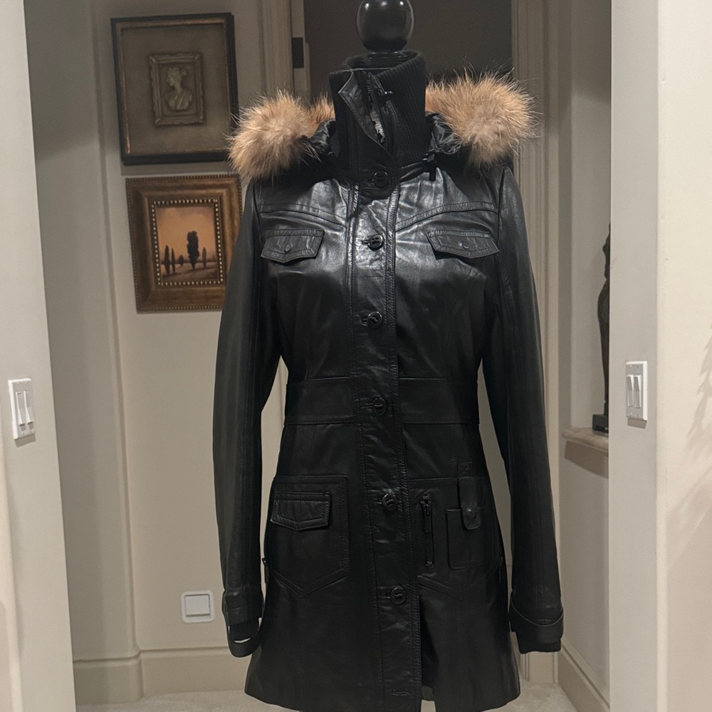Women's Black Leather Jacket with Fur Trim